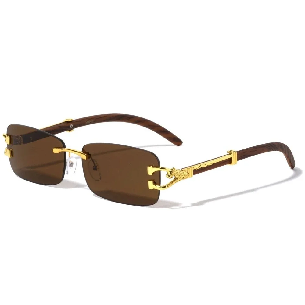 Hip Hop Men‎ Sunglasses Cholo Buffs Gold Wood Grain Arms Fashion Dark Brown Lens